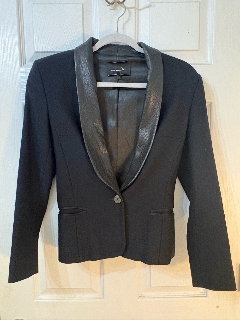 Isabel Marant Black Wool Blazer with Leather Lapel Size 0 EU